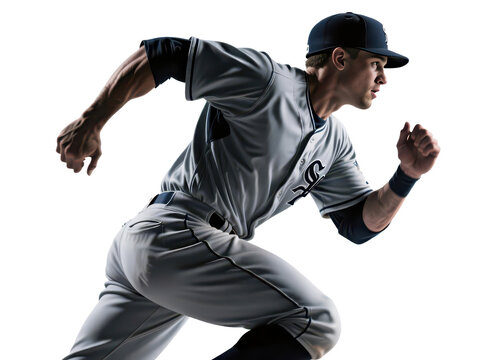 A baseball player in uniform sprinting with determination, silhouetted against white background.