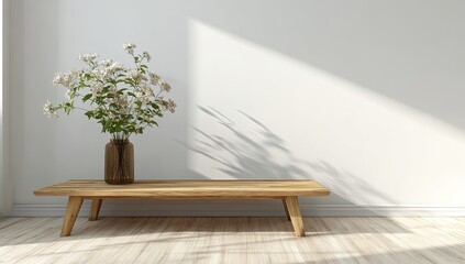 Simple, minimalist room with wooden bench and vase of flowers