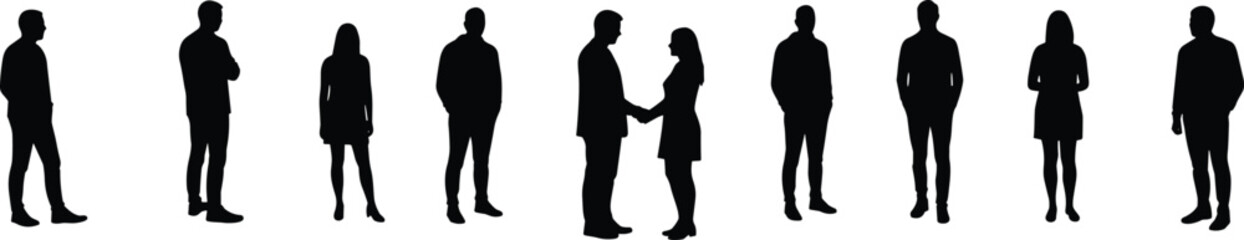 Silhouettes of diverse people in various poses, standing, interacting, shaking hands, communication, teamwork, collaboration, isolated on white background
