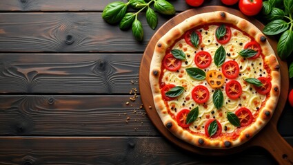 Colorful Pizza Perfection: A Rustic Flat Lay with Central Copy Space