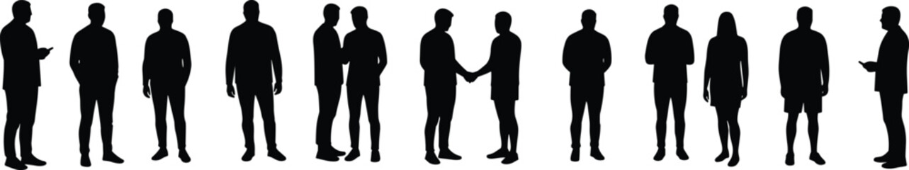 Silhouettes of diverse people in various poses, standing, interacting, shaking hands, communication, teamwork, collaboration, isolated on white background