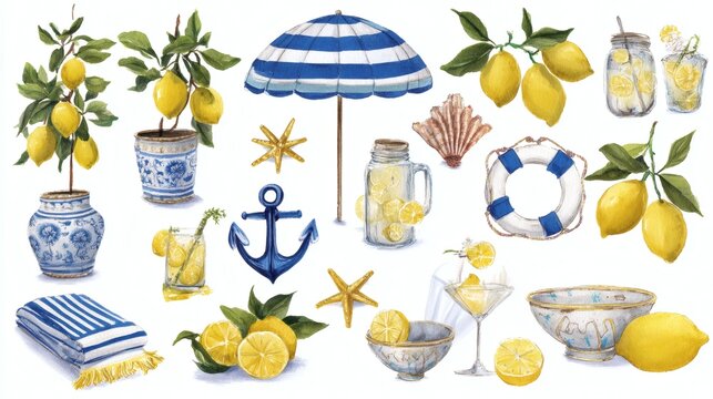 Summer vacation watercolor illustration set, vector hand drawn Italian coast sea print, beach lounge. Yellow lemonade citrus bottle, seafood picnic oyster, swimming suit, boat, shell. Summer vacation