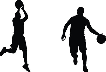 Silhouettes of two basketball players performing jump shots and dribbling with basketball, action, movement, and dynamic athletic poses