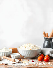 White banner with ingredients for baking, magazine photoshoot. isolated with white highlights