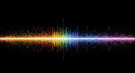 A vibrant, rainbow-hued sound wave graphic displays an abstract representation of audio frequencies against a dark background.