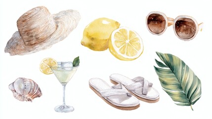 Summer picnic watercolor illustration set, vector hand drawn wine glass print, fresh lemonade, fruit. Italian mediterranean vacation sticker, sun hat, Amalfi ice cream, alcohol cocktail. Summer picnic