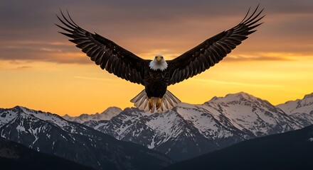 Naklejka premium Majestic bald eagle soars above snow-capped peaks at sunrise, showcasing powerful flight and freedom.