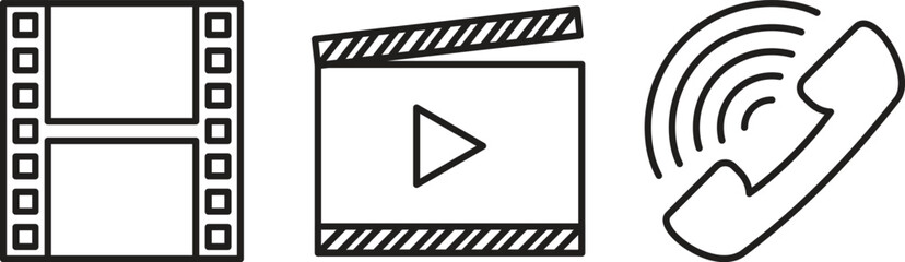 Media and Communication Icons Film Strip Clapperboard and Telephone Handset