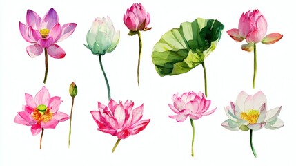 Abstract watercolor collection of lotus and lily flowers, hand-drawn illustrations with a focus on botanical beauty and elegance