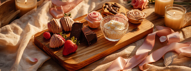 Romantic dessert platter with chocolate strawberries, raspberries, whipped cream, and sweet treats on wooden board with candles and rose petals