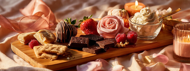 Romantic dessert platter with chocolate strawberries, raspberries, whipped cream, and sweet treats on wooden board with candles and rose petals