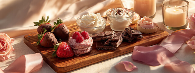 Romantic dessert platter with chocolate strawberries, raspberries, whipped cream, and sweet treats on wooden board with candles and rose petals