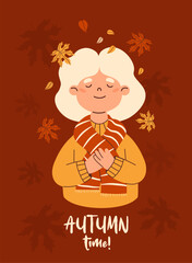 Autumn Elderly Woman in sweater and scarf with falling maple leaves. Female Fall Portrait Mature Blonde. Vector flat illustration. Perfect for poster, banner, card, seasonal design. Not AI