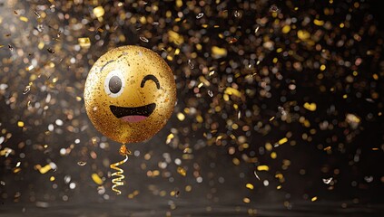 Golden emoji balloon amidst confetti