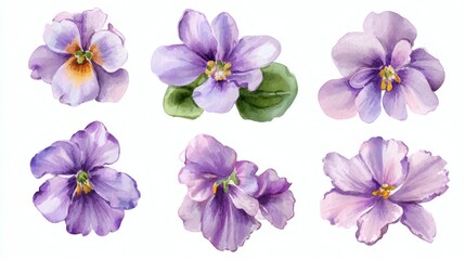 Abstract watercolor collection of african violet flowers, hand-drawn illustrations with a focus on botanical beauty and elegance on white background