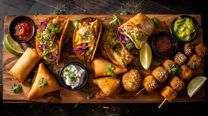 A vibrant  appetizer platter featuring a variety of international street foods, including tacos, spring rolls, samosas, and savory skewers. Served with fresh guacamole, salsa, and sour cream