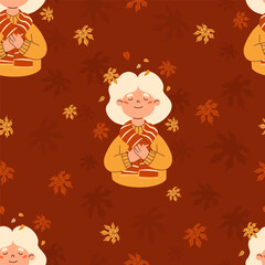 Autumn seamless pattern. Elderly Blonde Woman on Brown Background with fall maple leaves. Vector autumnal illustration for seasonal design, packaging, wallpaper and textile. Not AI