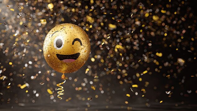 Golden emoji balloon amidst confetti - Powered by Adobe