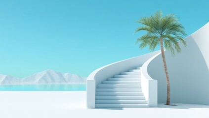 A white spiral staircase leading to a tranquil scene