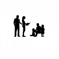 Adoption counselor reading storybook to child with parents silhouette on white background isolated on white background