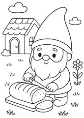 Coloring book gnome slicing fresh bread in front of his home.