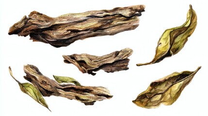 Abstract watercolor collection of agar wood tree, hand-drawn illustrations with a focus on botanical beauty and elegance on white background