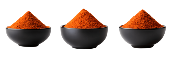 Set For Three bowls of paprika powder isolated on transparent background