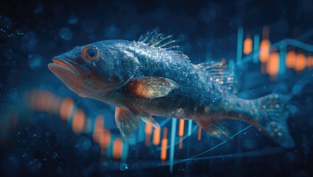 Fish swimming through abstract financial charts