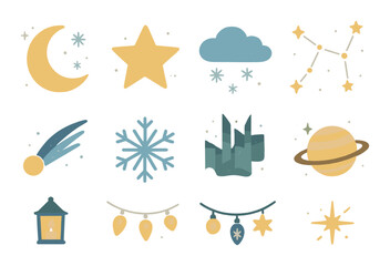 Naklejka premium Celestial and winter symbols: moon, star, cloud, constellation, snowflake, lantern, decorations
