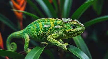 A vibrant green chameleon, showcasing intricate patterns and textures, gracefully rests on verdant foliage in a lush, tropical setting.