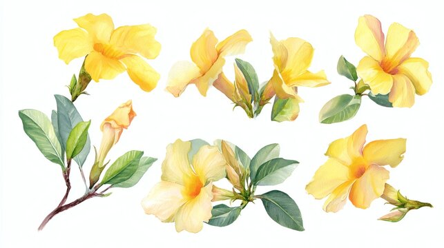 Abstract watercolor collection of allamanda flowers, hand-drawn illustrations with a focus on botanical beauty and elegance on white background