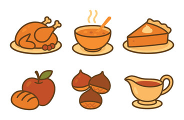 Autumn harvest feast: turkey, soup, pie, apple, chestnuts, gravy