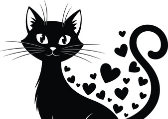 Stylized black cat silhouette with curled tail and heart shapes, expressive eyes, whimsical vector design, love-themed feline artwork