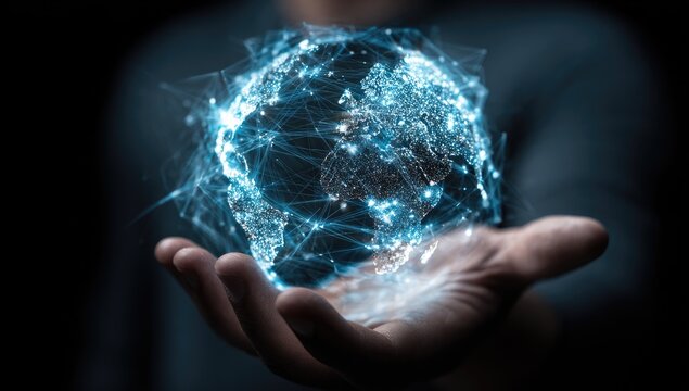 A hand holds a glowing, digital representation of Earth, interwoven with network lines