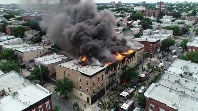 Aerial view of a large building fire engulfs the rooftop, thick smoke billows upward, firefighters and emergency vehicles surround the scene in crowded neighborhood