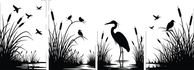 Wetland birds silhouette illustration with cattails, heron, flying birds, marsh vegetation, nature scene, black and white vector art