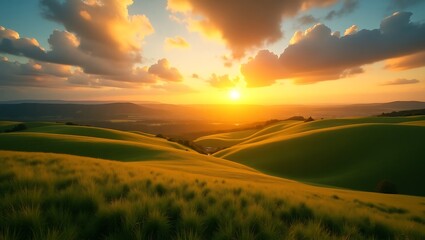 Obraz premium Golden Hour Over Rolling Hills Landscape Serene Nature Photography Breathtaking Vista with Clouds and Warm Light Peaceful Countryside Scene