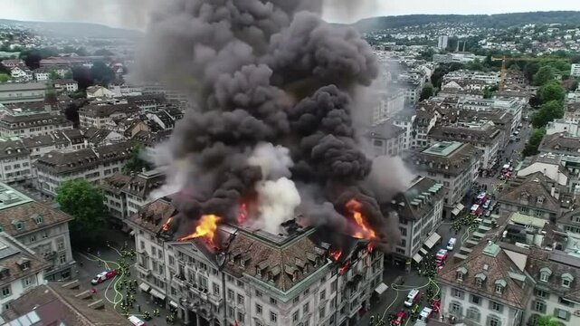 Aerial view of a large building in Zurich City, fire engulfs the rooftop, thick smoke billows upward, firefighters and emergency vehicles surround the scene in crowded neighborhood