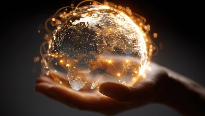 A hand holds a glowing, detailed model of Earth, connected by a network of luminous lines