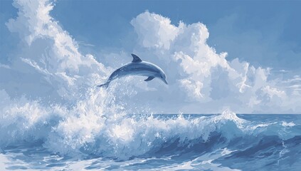 Dolphin leaps through azure waves.  Vast sky with puffy clouds