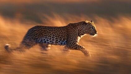 Leopard in motion, golden light (4)