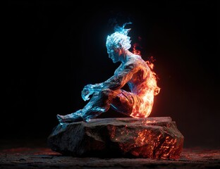 Dual-natured figure, ice and fire, seated on rock