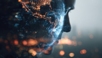 A person's profile, face overlaid with a digital representation of the Earth.  Global technology concept