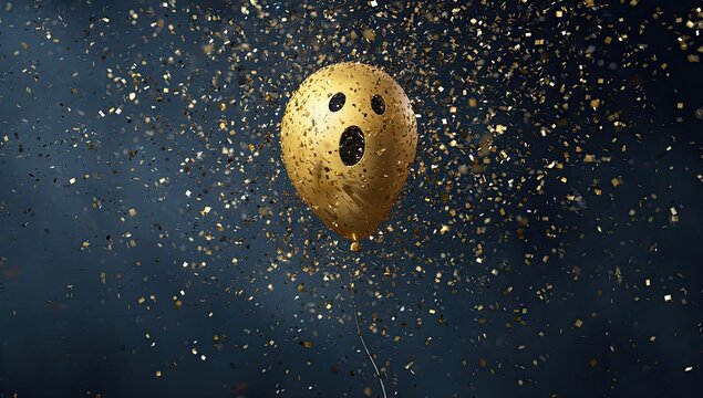 A golden balloon with an "O" shaped face, surrounded by falling confetti, in a dark background