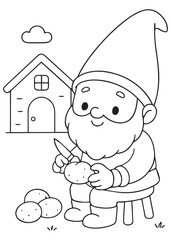 Coloring book gnome peel potatoes using a knife