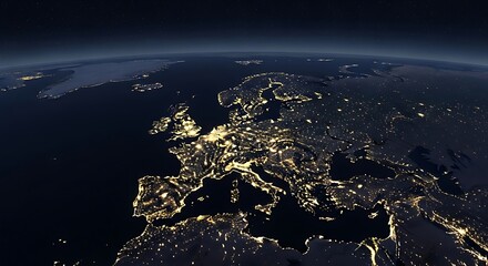 Europe at night from space showing city lights.