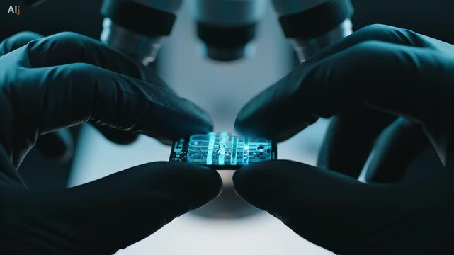 gloved hands aligning a microfluidic lab-on-a-chip with fluorescent channels under an AI microscope