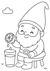 Coloring book gnome make lemon juice with a small smile