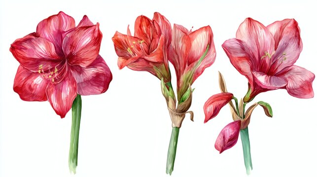 Abstract watercolor collection of amaryllis flowers, hand-drawn illustrations with a focus on botanical beauty and elegance on white background