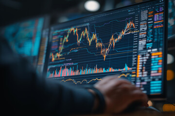 High angle cinematic shot of person hands analyzing financial data on computer screen, displaying complex graphs and charts in trading environment